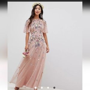 Asos Mauve Rose Colorfull Floral Embroidered Mesh Wedding Maxi Dress 8 M Tall 29